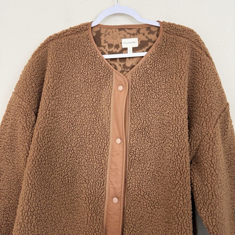Vera Bradley Teddy Sherpa Fleece Longline Snap Jacket Brown Sz 2XL Pocket Comfy - Picture 2 of 9